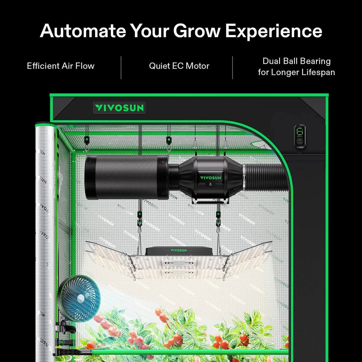 VIVOSUN grow tent with LED light, inline fan, carbon filter, oscillating fan, and cherry plants.