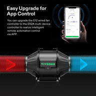 VIVOSUN black inline duct fan with red and blue flexible ducts, controlled by a smartphone app displaying fan speed settings.