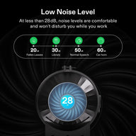 AeroZesh T4 inline fan at 28dB, with a chart comparing its low noise to fallen leaves, library, speech, car horn.