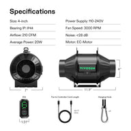 AeroZesh T4 4-inch inline duct fan, E12 controller, power cord, and hanging hooks with full specifications listed.