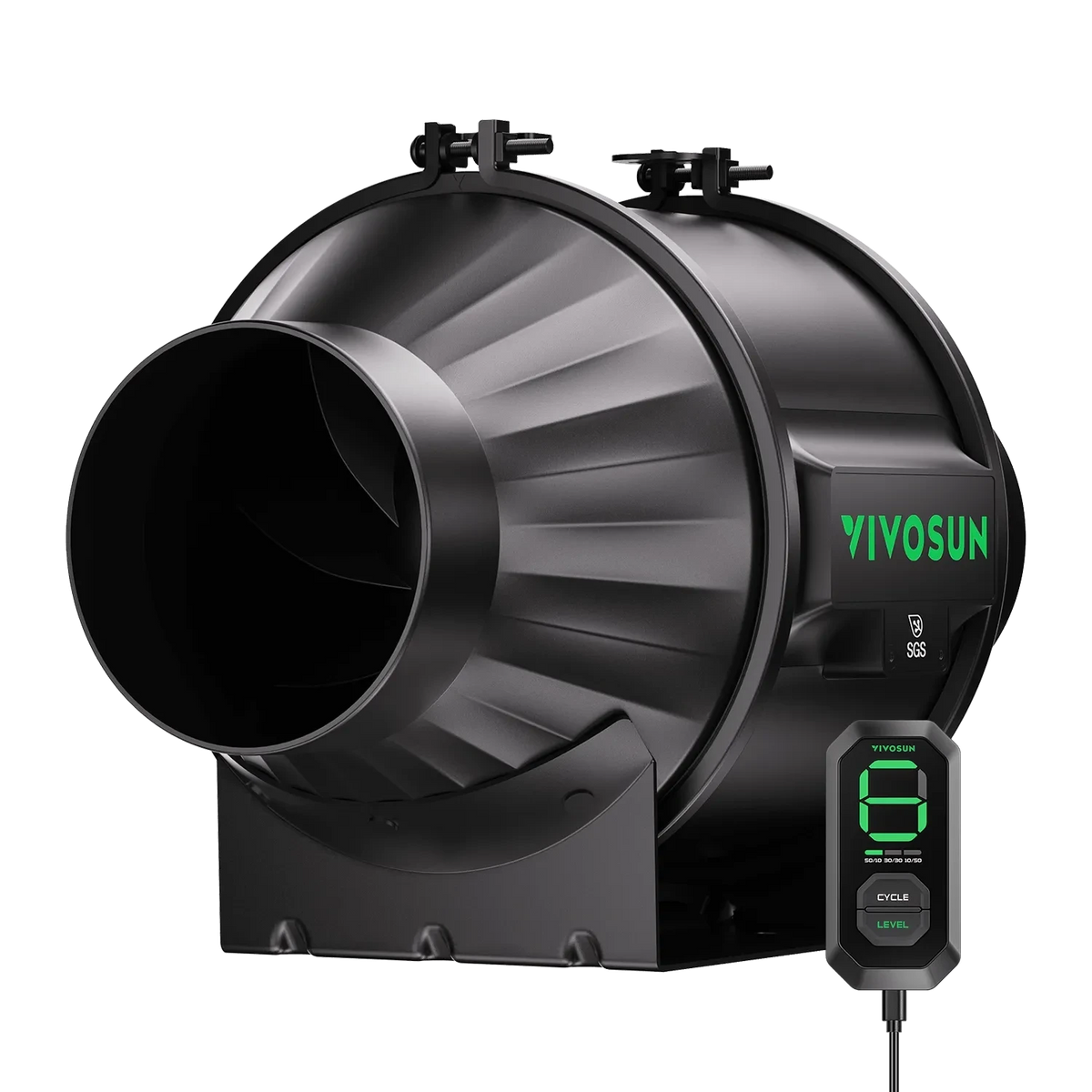 Black VIVOSUN inline duct fan with vibrant green branding, a visible internal turbine, and a connected digital speed controller.