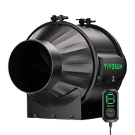 Black VIVOSUN inline duct fan with vibrant green branding, a visible internal turbine, and a connected digital speed controller.