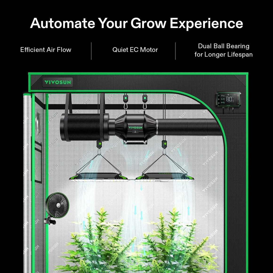VIVOSUN automated grow tent showing cannabis plants, LED lights, inline fan, climate controller, and clip-on fan.