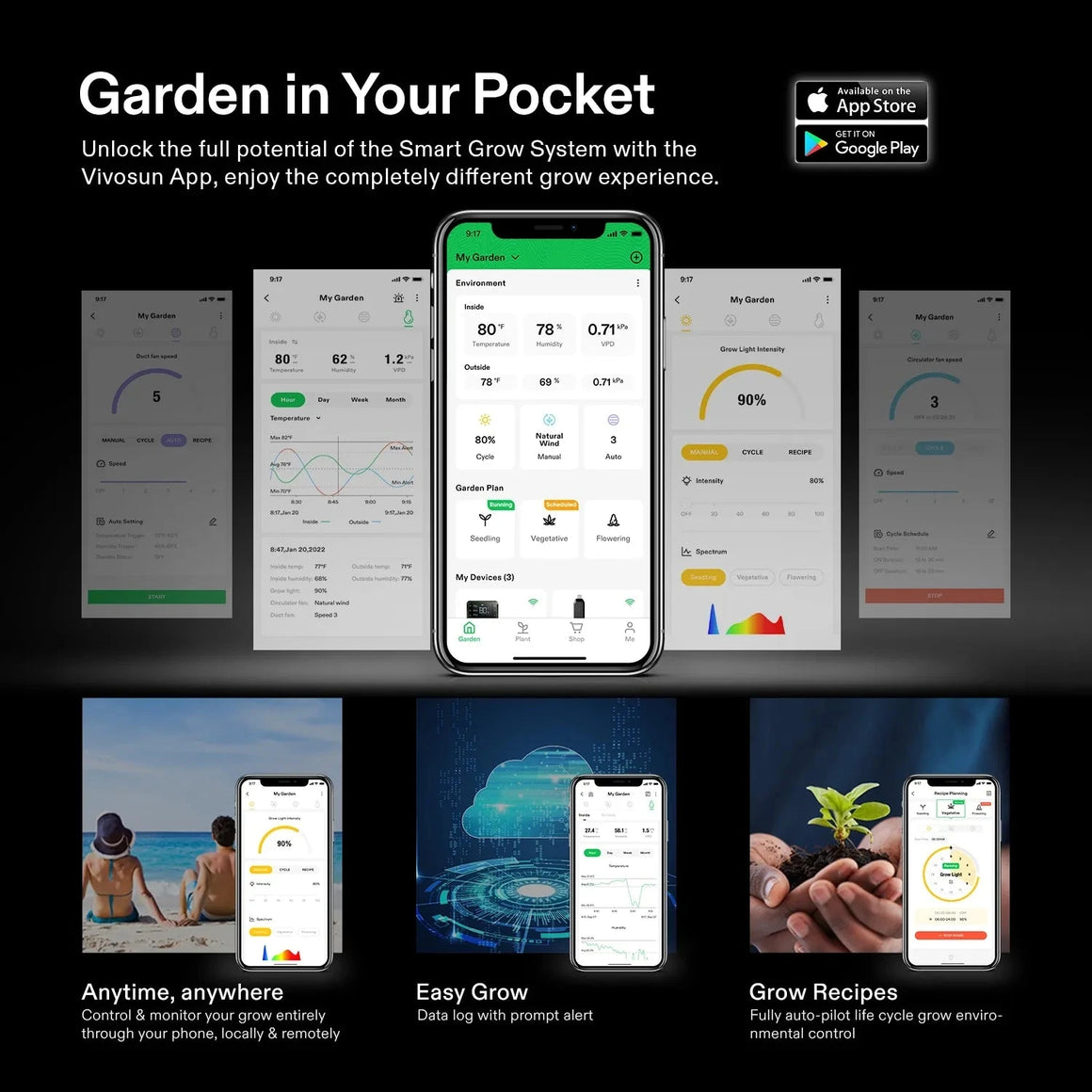 Vivosun Smart Grow System app on mobile screens, showing remote control of garden environment, data, and grow recipes.