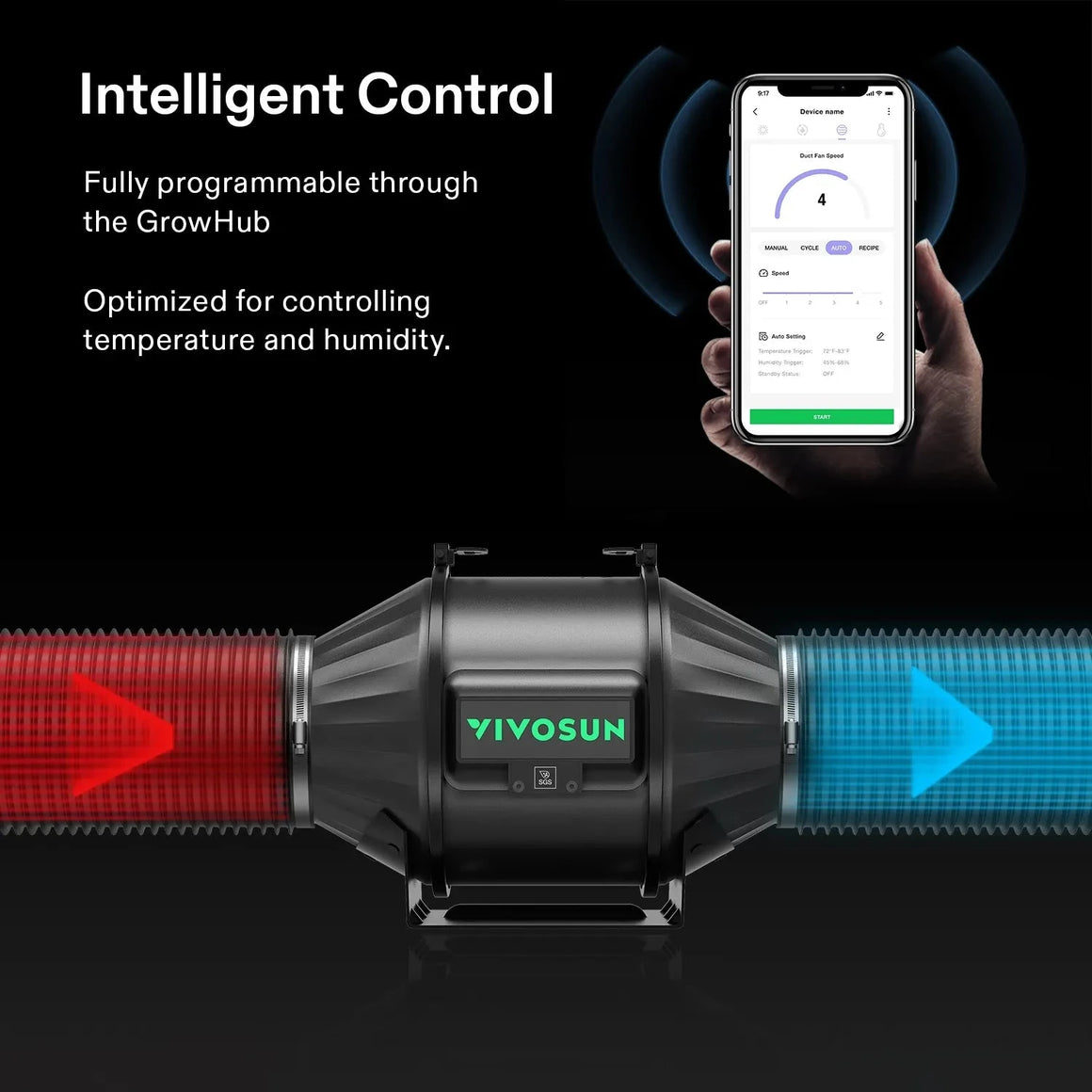 VIVOSUN inline duct fan with smart control via smartphone app for temperature and humidity, red intake, blue exhaust.