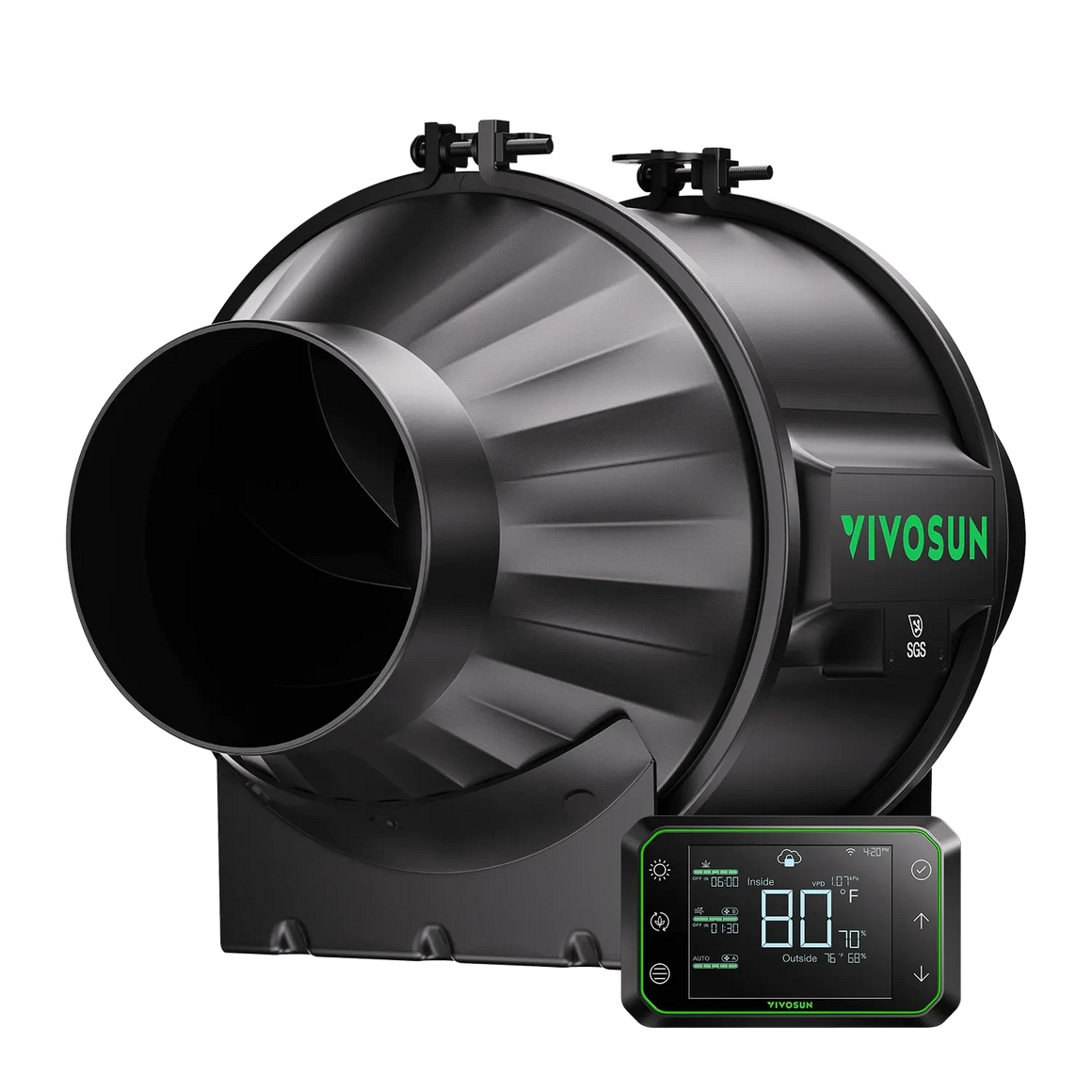 Black VIVOSUN AeroZesh T4 inline duct fan with green logo, connected to a digital temperature and humidity controller.