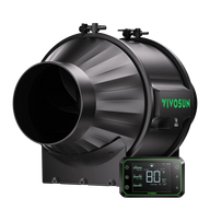 Black VIVOSUN AeroZesh T4 inline duct fan with green logo, connected to a digital temperature and humidity controller.