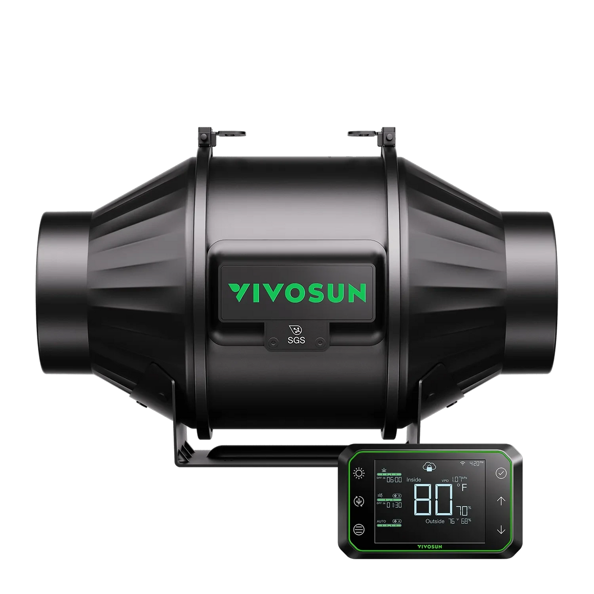 VIVOSUN AeroZesh T4 inline fan, black, with a separate E42A digital controller displaying environmental data.