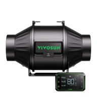 VIVOSUN AeroZesh T4 inline fan, black, with a separate E42A digital controller displaying environmental data.