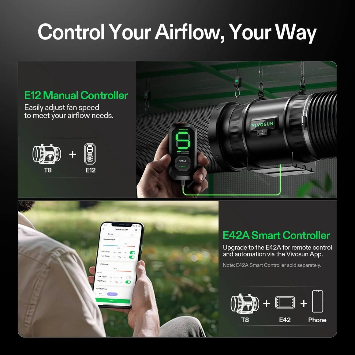 Vivosun AeroZesh T8 inline fan with E12 manual controller (speed 9) and E42A smart controller via phone app.