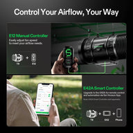 Vivosun AeroZesh T8 inline fan with E12 manual controller (speed 9) and E42A smart controller via phone app.