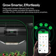 VIVOSUN AeroZesh T8 inline fan & E12 controller in grow tent with LED light. App shows remote control for smart plant growth.