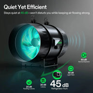 Black VIVOSUN inline duct fan with green glowing blades, highlighting its quiet 45 dB operation and sound comparisons.