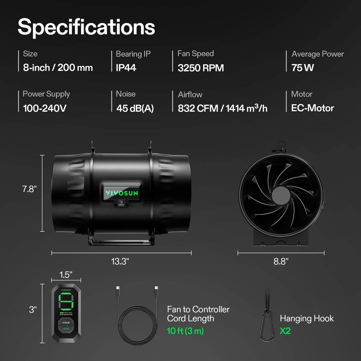 VIVOSUN AeroZesh T8 8-inch inline fan specifications, showing fan, E12 controller, dimensions, cable & hooks.