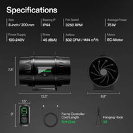 VIVOSUN AeroZesh T8 8-inch inline fan specifications, showing fan, E12 controller, dimensions, cable & hooks.