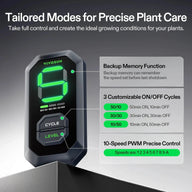VIVOSUN digital controller with green LED display, 'CYCLE' & 'LEVEL' buttons, showing custom ON/OFF cycles & 10-speed control.
