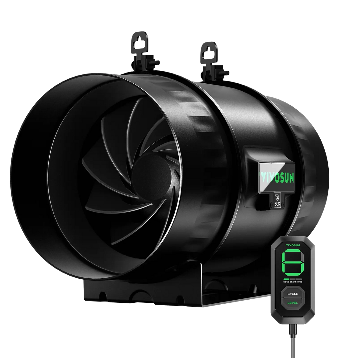 Sleek black VIVOSUN inline fan with visible blades, vibrant green LED display, and wired speed controller.