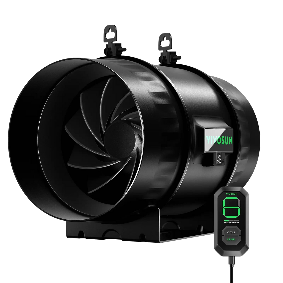 Sleek black VIVOSUN inline fan with visible blades, vibrant green LED display, and wired speed controller.
