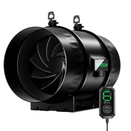 Sleek black VIVOSUN inline fan with visible blades, vibrant green LED display, and wired speed controller.