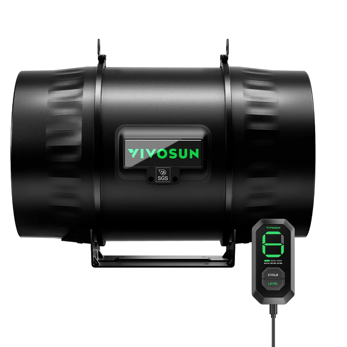 Black VIVOSUN AeroZesh T8 inline fan with green LED display, plus a wired E12 speed controller showing level 8.