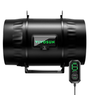 Black VIVOSUN AeroZesh T8 inline fan with green LED display, plus a wired E12 speed controller showing level 8.