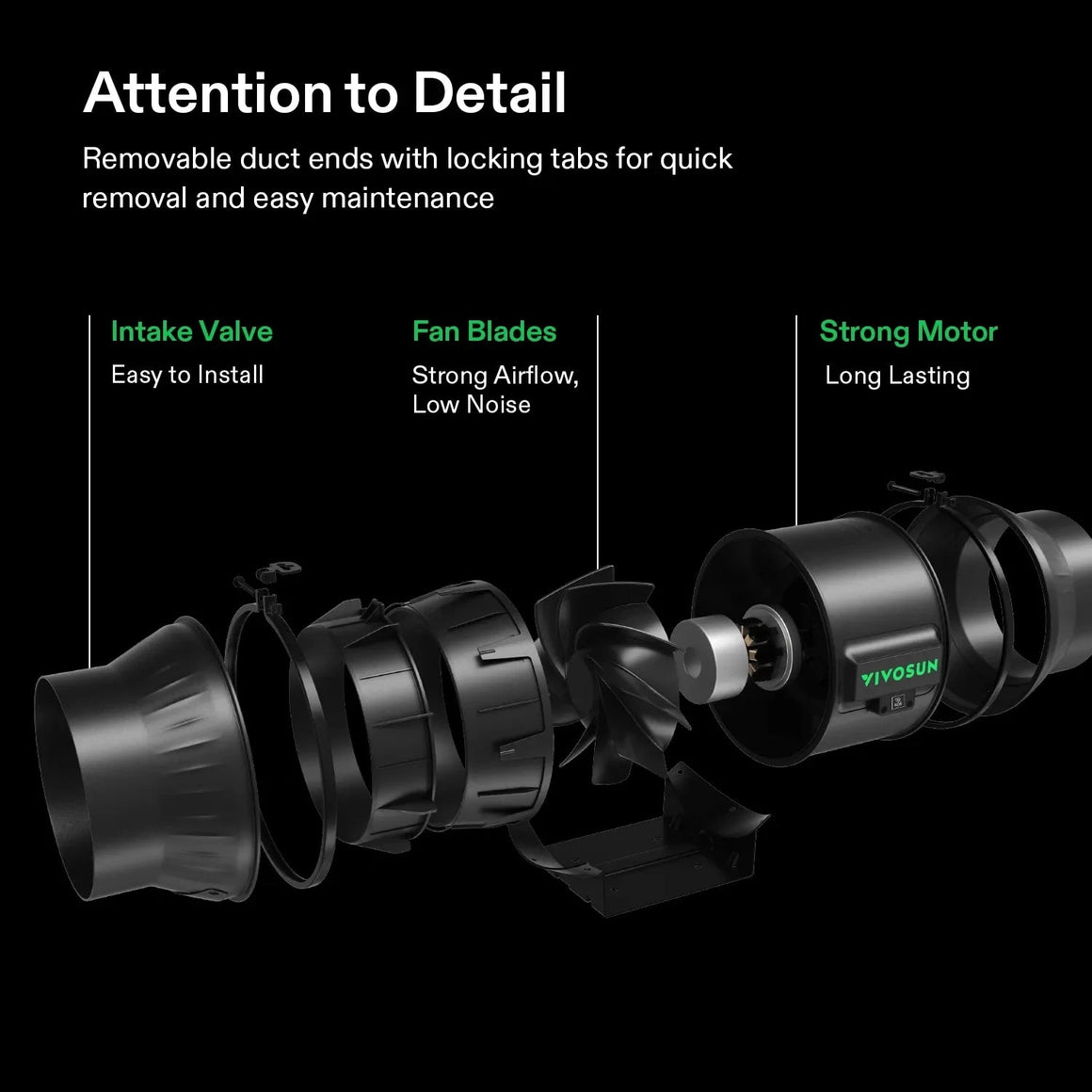 Exploded view of a black YIVOSUN inline duct fan, showing removable intake valve, fan blades, and motor for easy maintenance.