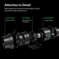 Exploded view of a black YIVOSUN inline duct fan, showing removable intake valve, fan blades, and motor for easy maintenance.