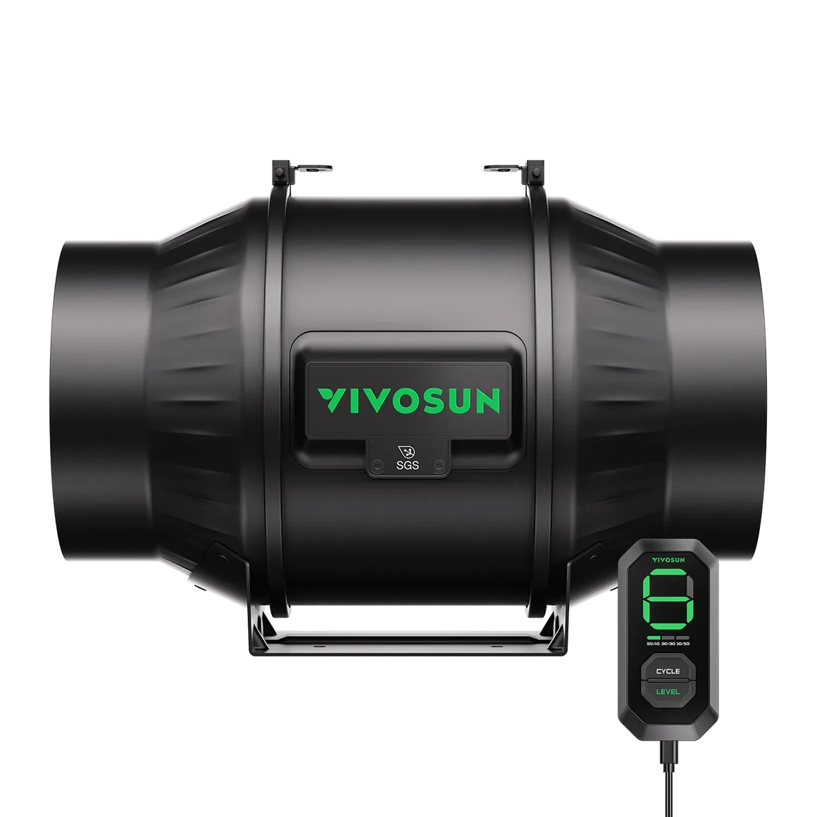 Black VIVOSUN AeroZesh T6 inline fan with green logo and separate black E12 speed controller showing '6' on green display.