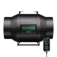 Black VIVOSUN AeroZesh T6 inline fan with green logo and separate black E12 speed controller showing '6' on green display.