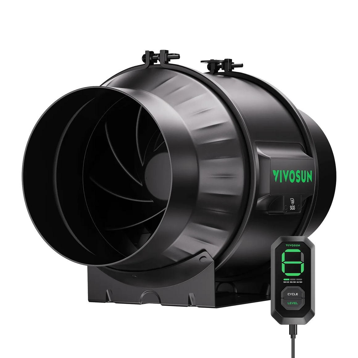 Black VIVOSUN AeroZesh T6 inline duct fan with green logo and E12 digital speed controller displaying '6' on black background.