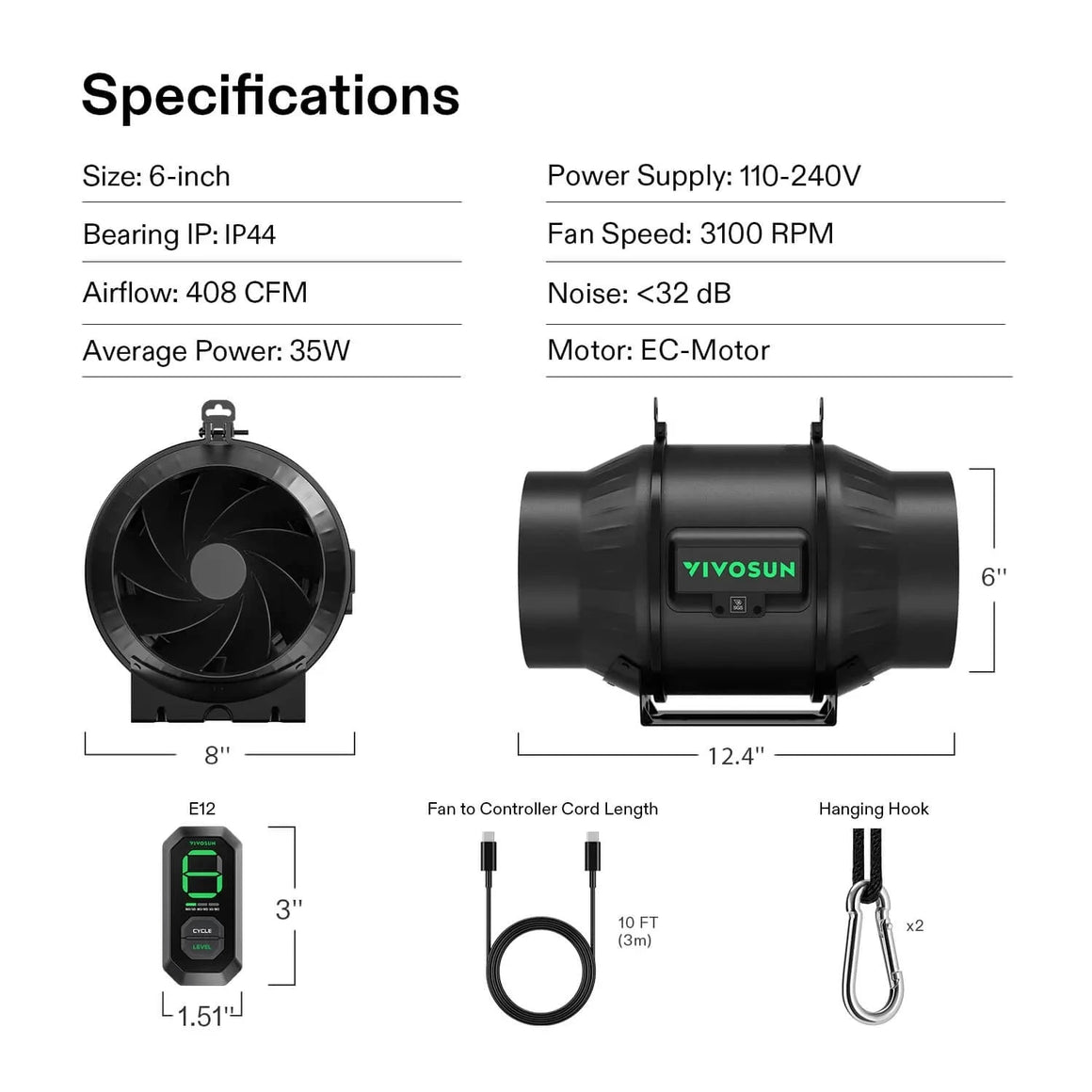 AeroZesh T6 6-inch inline fan specifications, E12 controller dimensions, cord length, and hanging hook accessories.