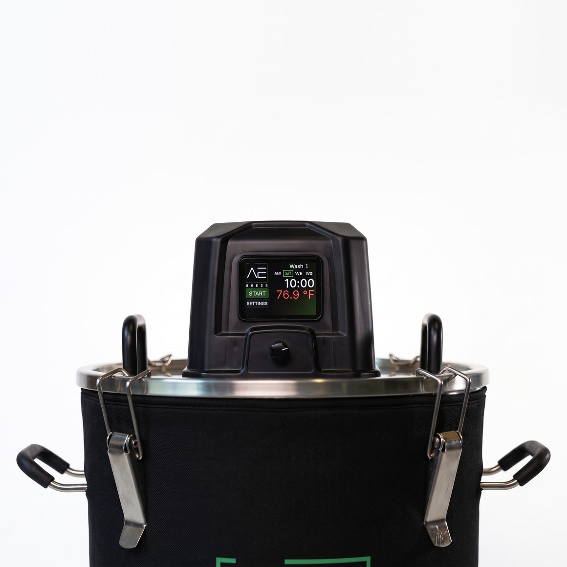 Close-up of an Aether Green automatic hash washer's digital display and locking mechanisms.