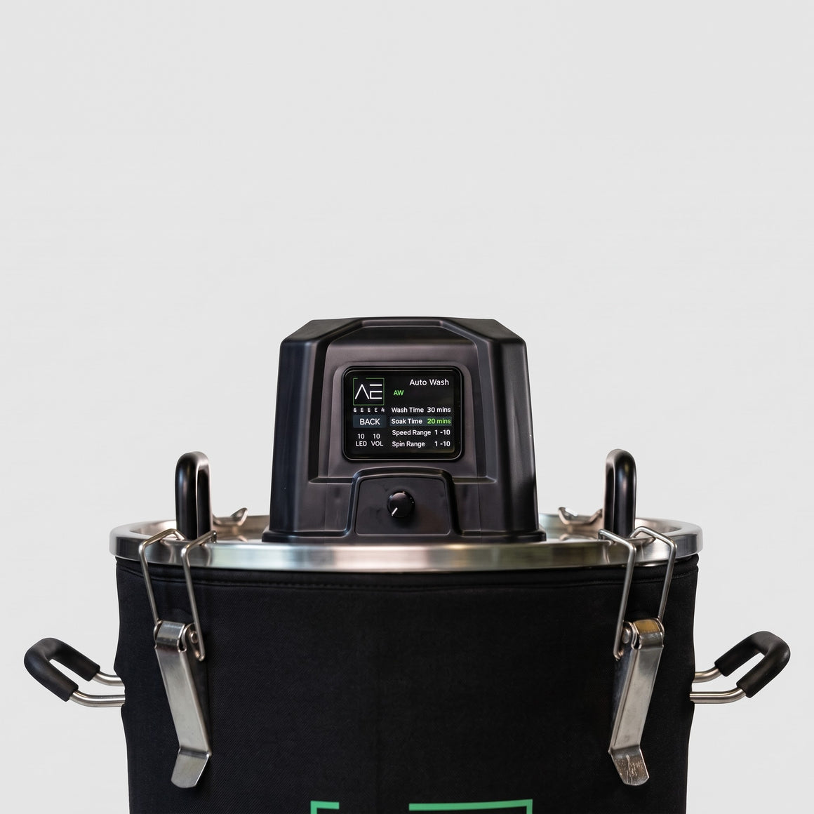 Close-up of AetherGreen Automatic Hash Washer v2 with digital display and metal latches.