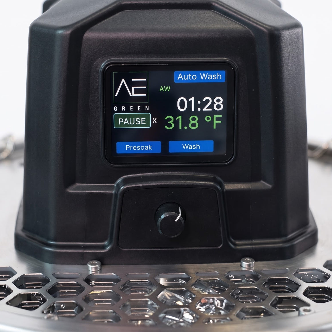 AE Green Automatic Hash Washer v2.5 digital display shows "Auto Wash", time 01:28, temp 31.8°F.