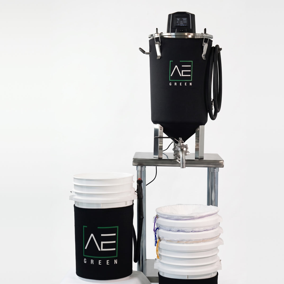 AE Green Automatic Hash Washer v2 with filter bags and buckets.