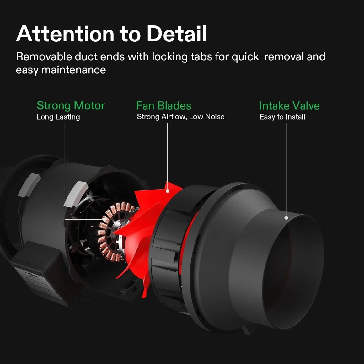 Cutaway view of a black inline fan highlighting its copper-wound motor, red fan blades, and easy-to-install intake.