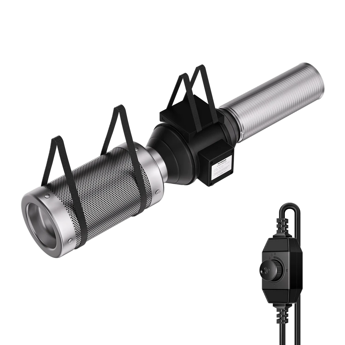 Air filtration kit: black inline duct fan, silver carbon filter, flexible ducting, and variable speed controller.