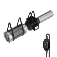 Air filtration kit: black inline duct fan, silver carbon filter, flexible ducting, and variable speed controller.