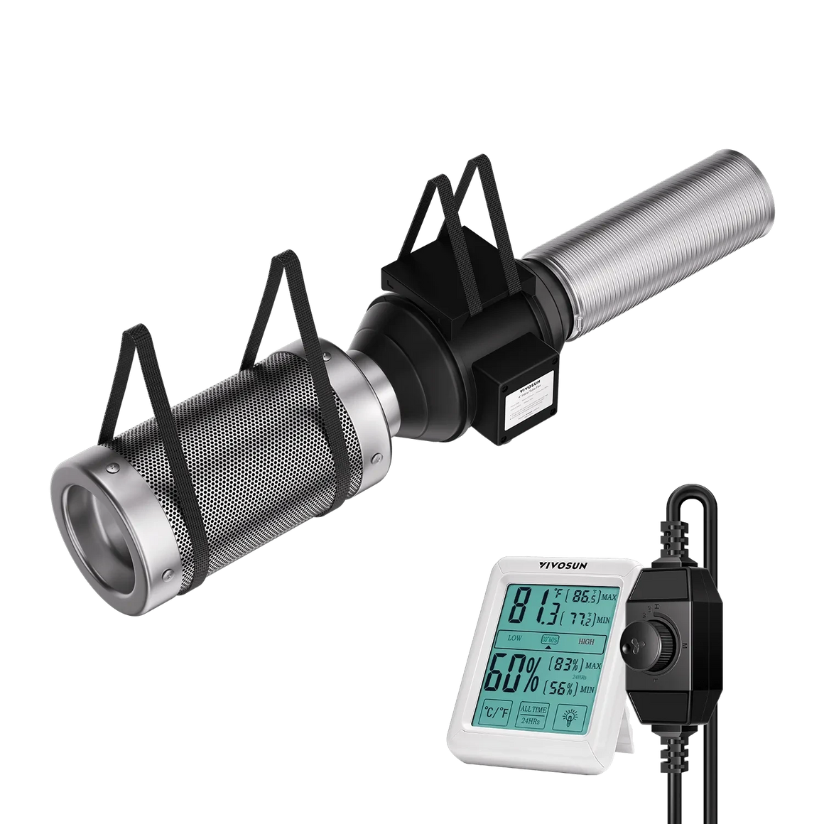VIVOSUN air purification kit: inline fan, carbon filter, aluminum duct, variable speed controller, digital hygrometer.