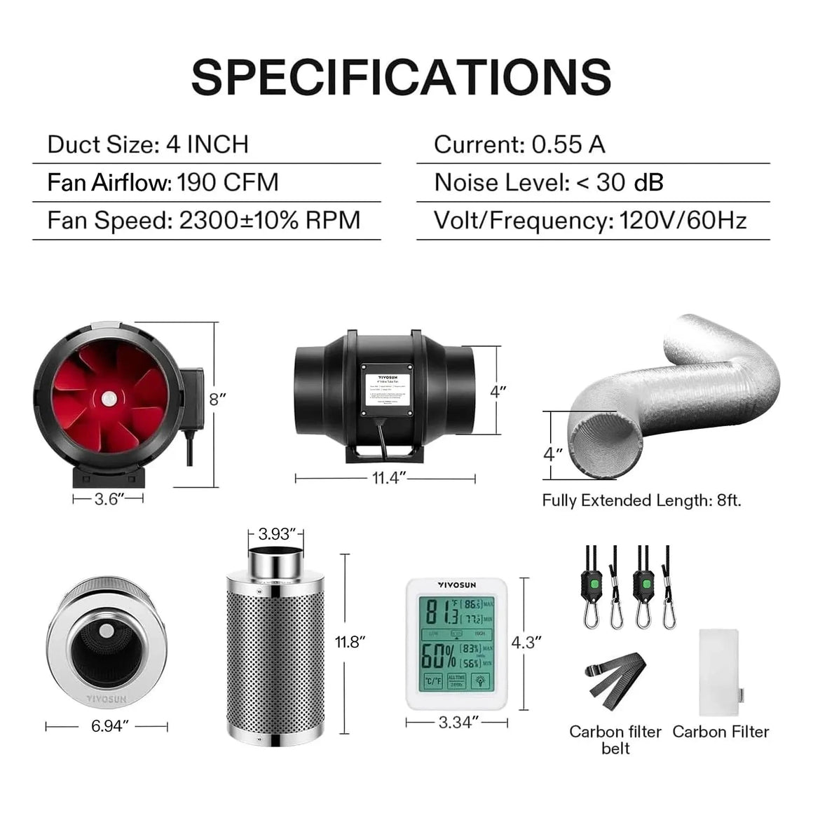 Specifications and components of 4-inch inline fan air filtration kit: fan, duct, carbon filter, hygrometer, accessories.