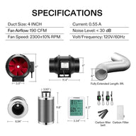 Specifications and components of 4-inch inline fan air filtration kit: fan, duct, carbon filter, hygrometer, accessories.