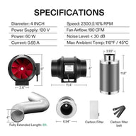 Air filtration kit specifications: inline fan, carbon filter, ducting, and accessories with dimensions.