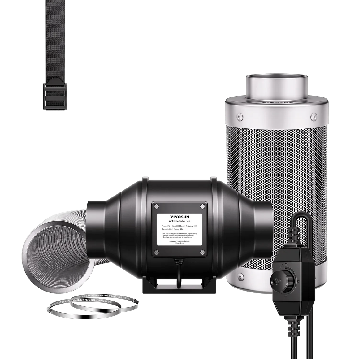 YIYOSUN 4" inline fan, carbon filter, flexible ducting, speed controller, clamps for air filtration kit.