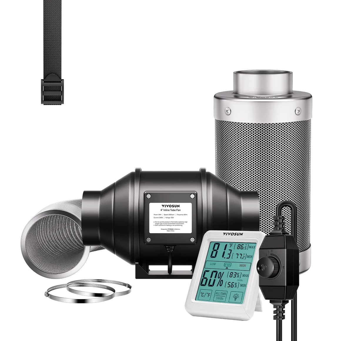 VIVOSUN 4" inline ventilation fan, carbon filter, flexible ducting, digital temp/humidity monitor, and speed controller kit.