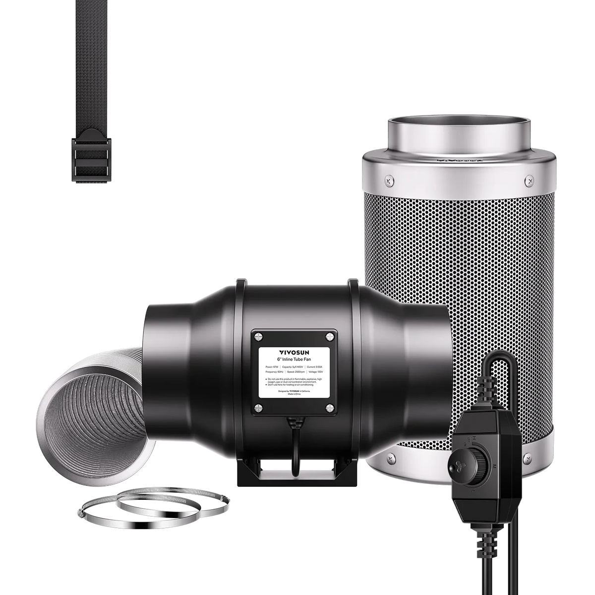 Vivosun 6-inch inline fan, carbon filter, flexible ducting, speed controller, hose clamps, and hanging straps.