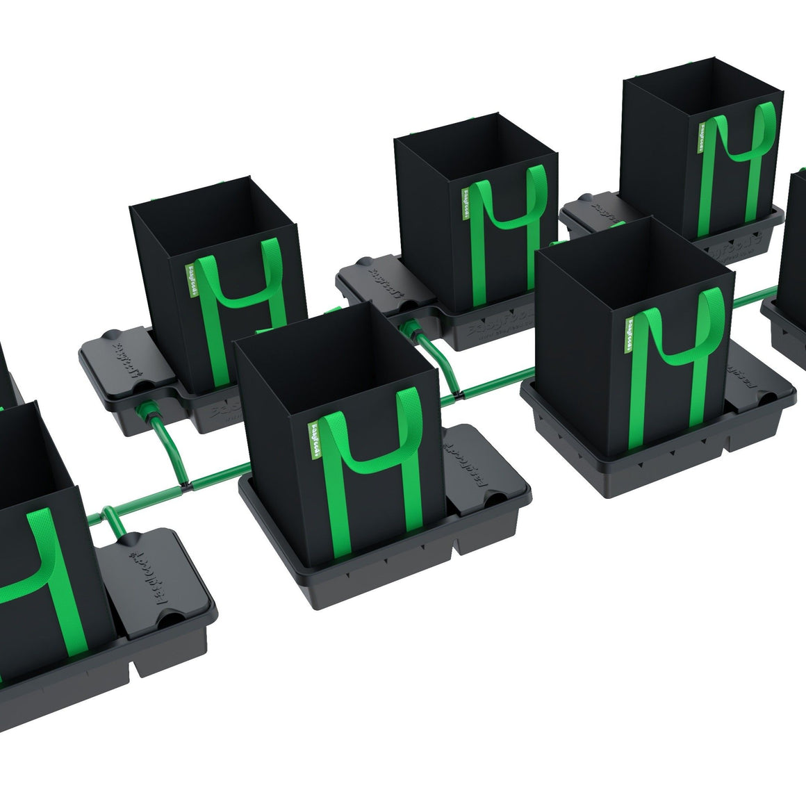 8-pot, 1-row hydroponic system with black fabric pots, green handles and tubing, and black drip trays.