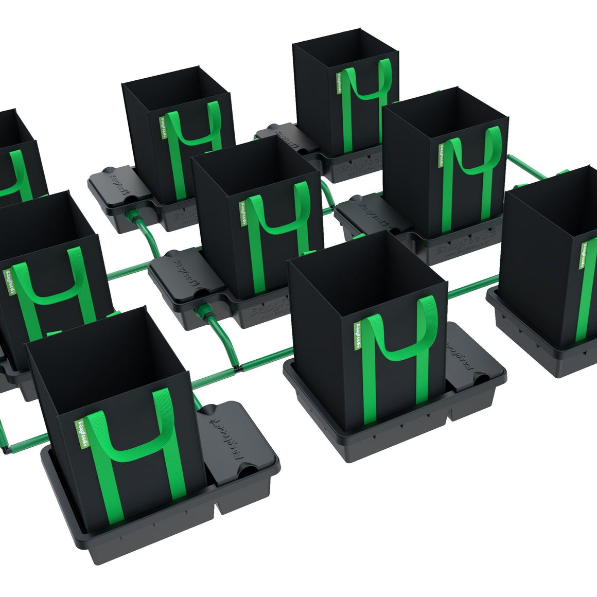 Alien Hydroponics 9-pot, 1-row EasyFeed system with black grow bags and green accents.