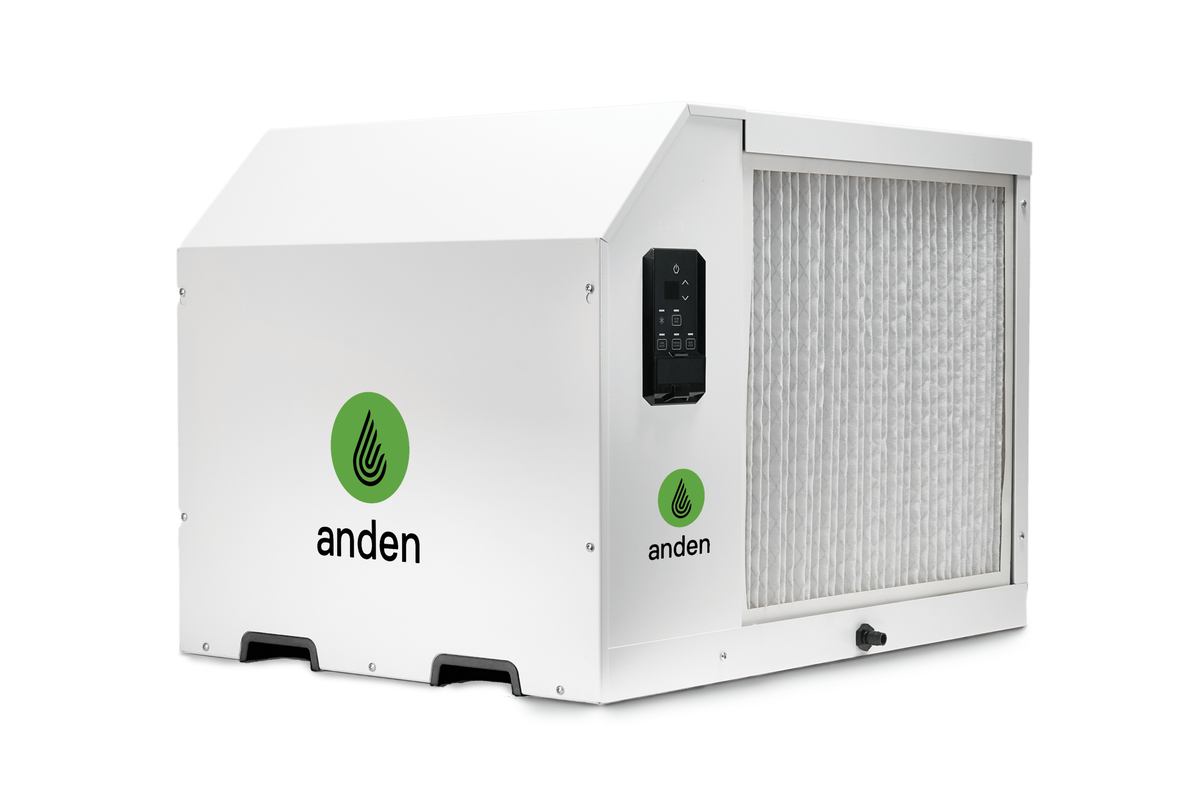 White Anden A321 dehumidifier with filter, control panel, and logo.