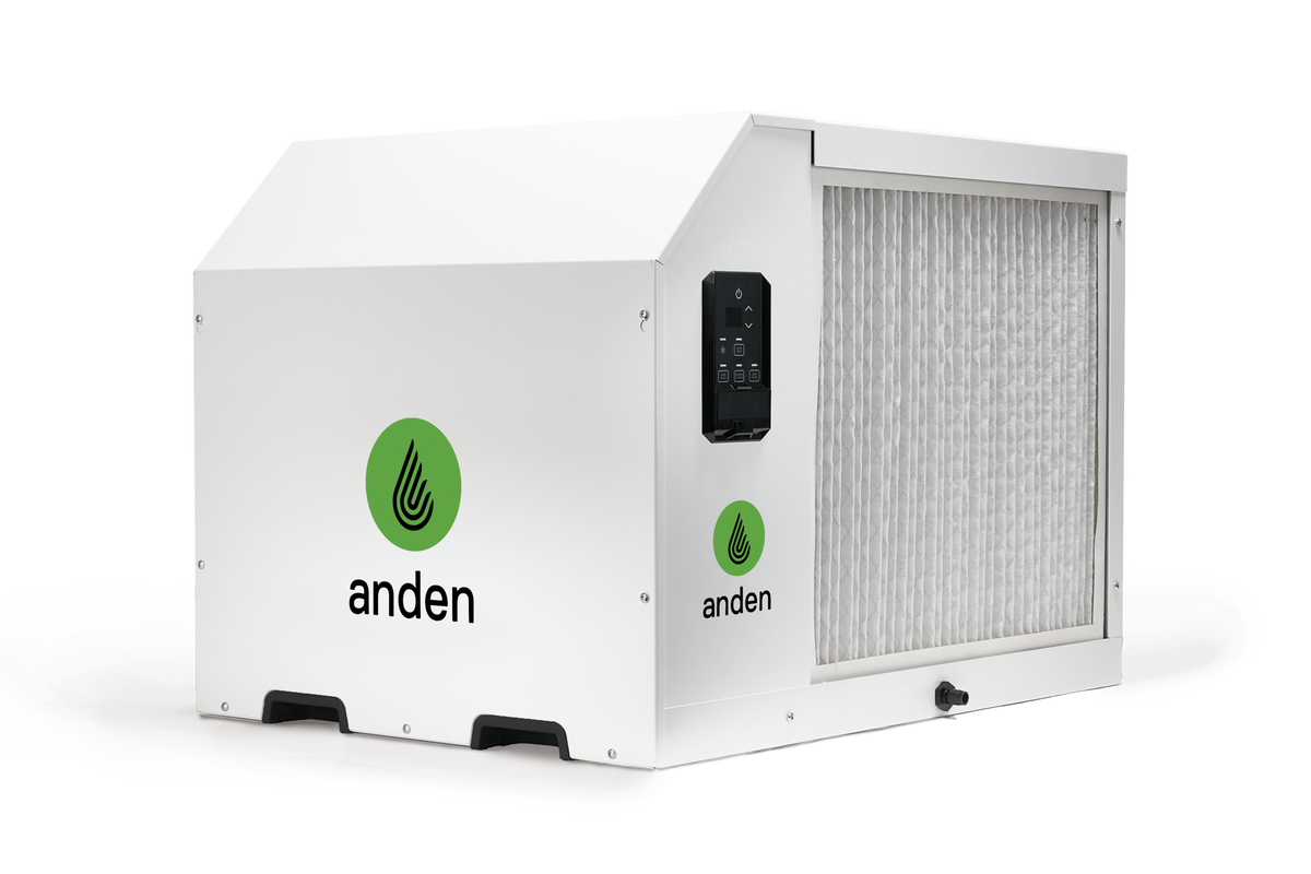 White Anden A321 V3 dehumidifier with control panel and filter.