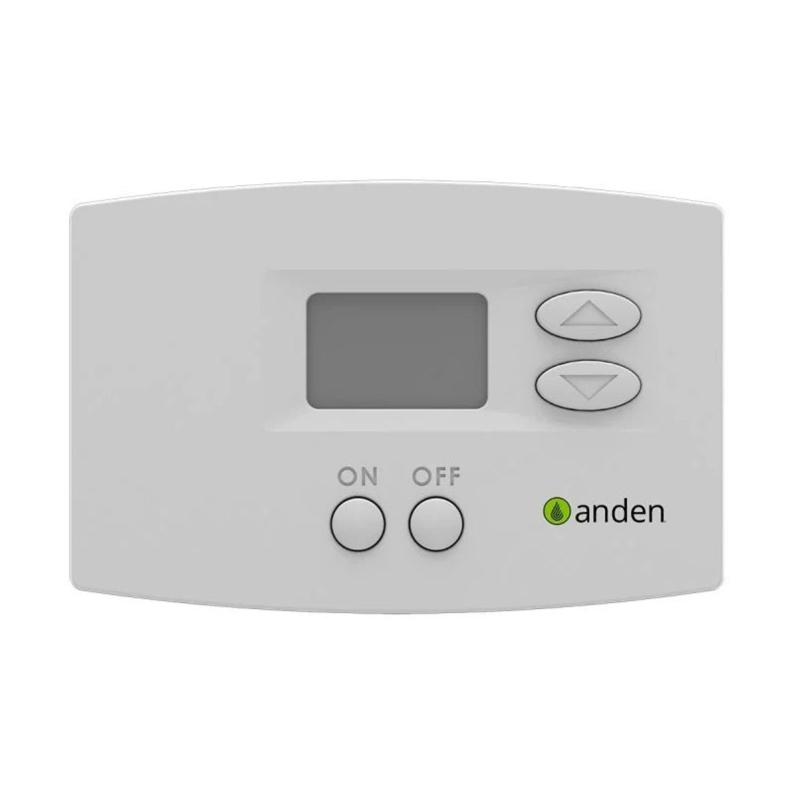 White Anden thermostat with digital display and up/down arrows, ON/OFF buttons, and company logo.